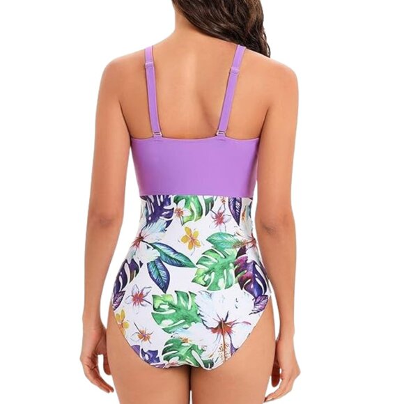 $135 Medium Purple High Waisted Cut One Piece Swimsuit Swimwear Tummy Control - Picture 2 of 5